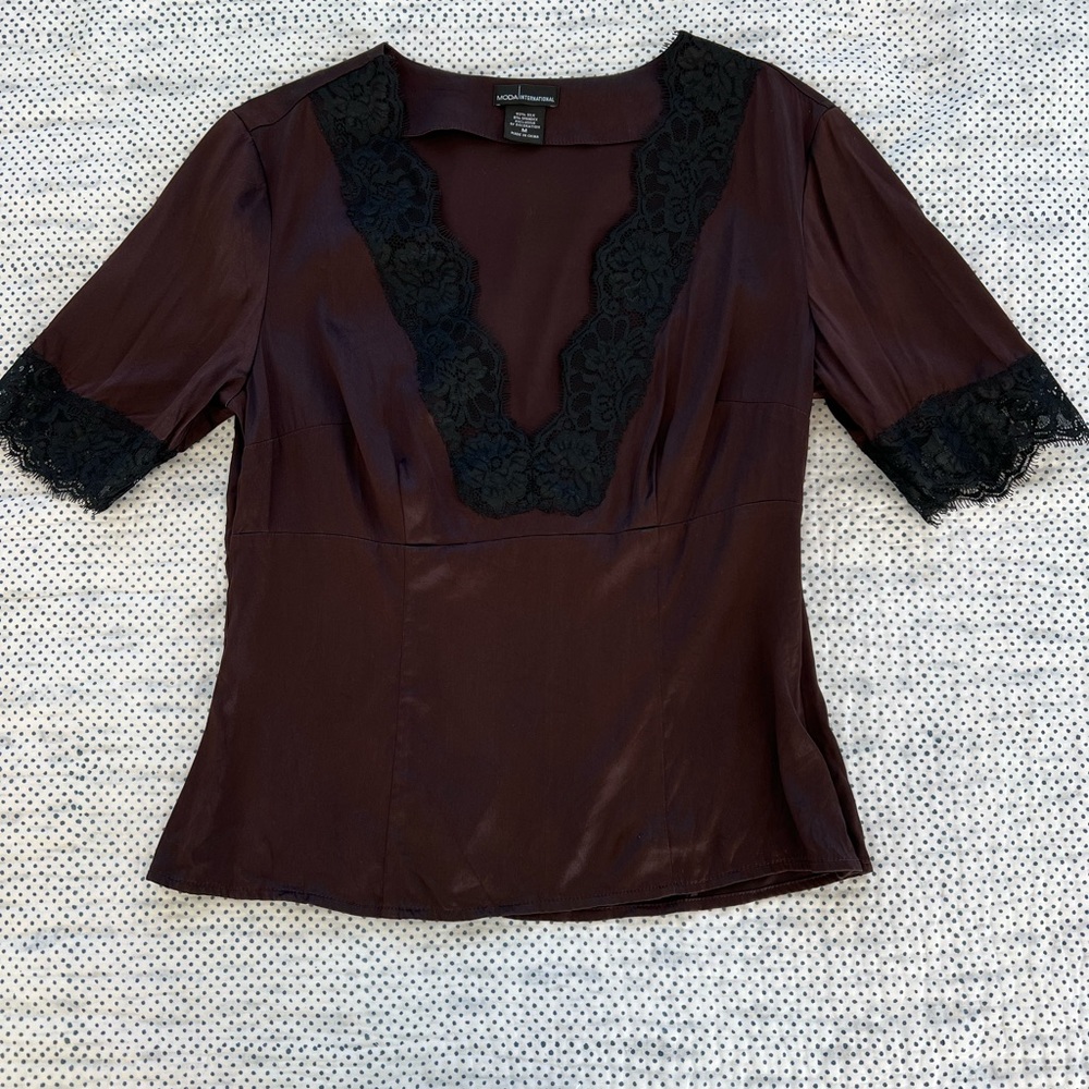 Moda International Brown Silk and Black Lace Top